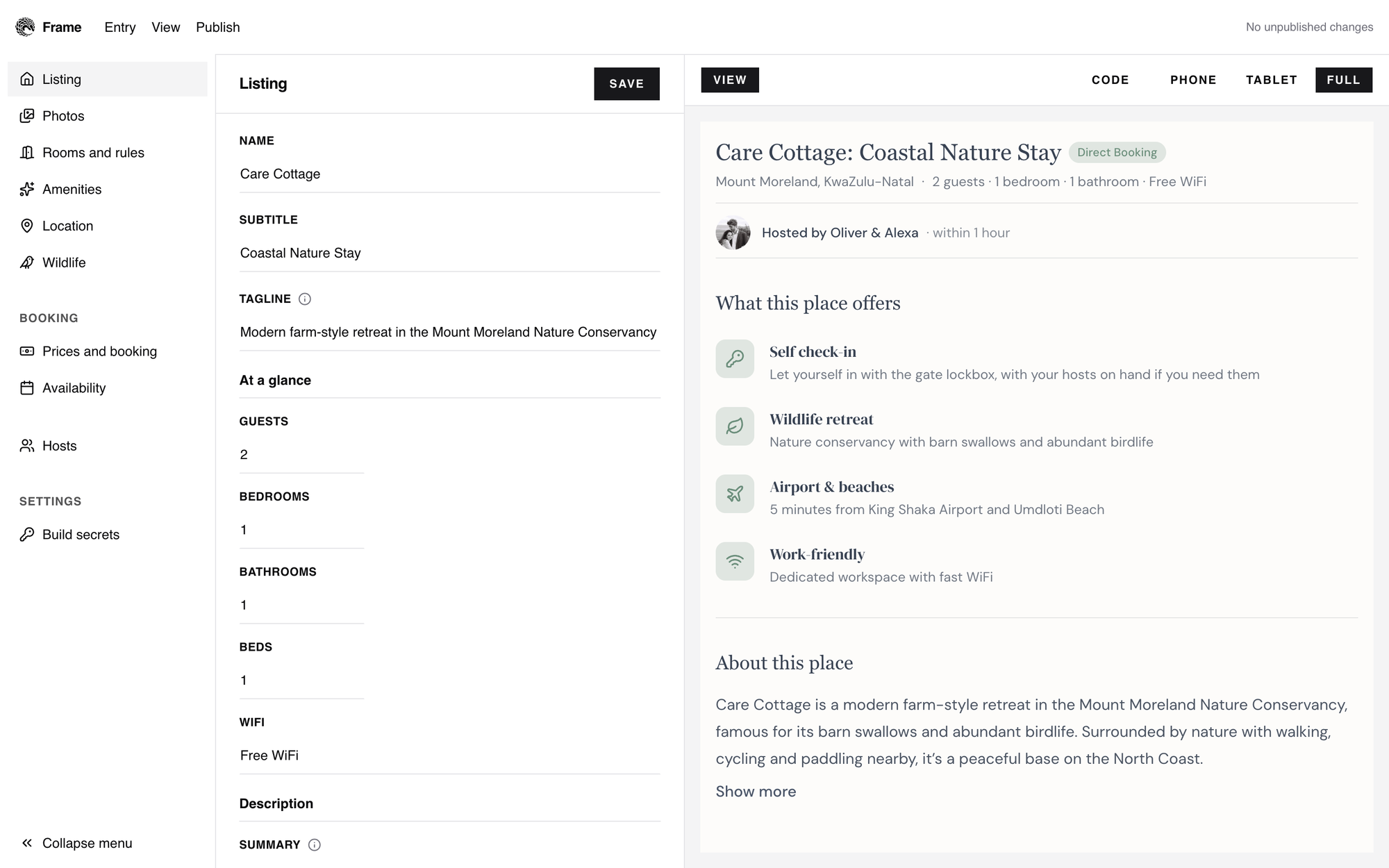 Frame CMS interface for Care Cottage showing split-screen listing editor and live guest preview component